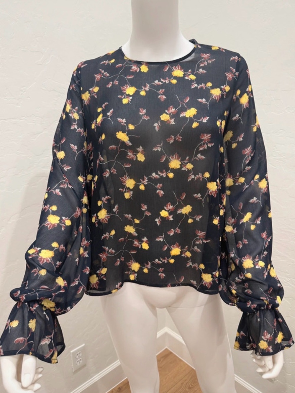 Navy Blue Sheer Floral Blouse with Yellow Blooms